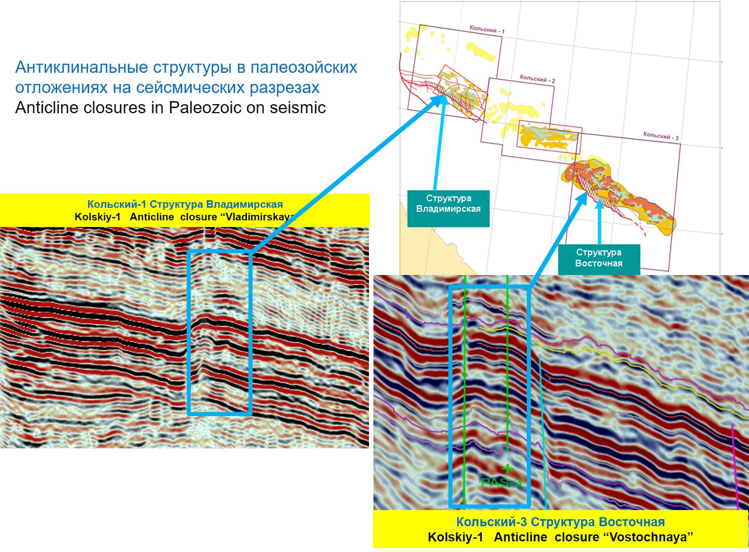 Anticlinal structures in Paleozoic sediments in seismic sections 