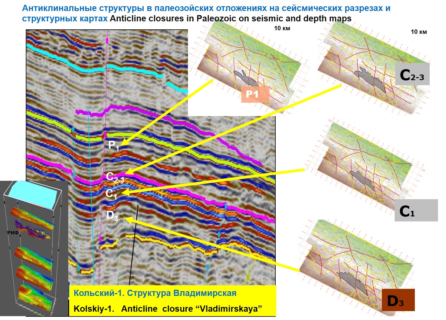 Anticlinal structures in Paleozoic sediments in seismic sections and structural maps